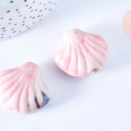 Grosse perle porcelaine rose coquillage, perle céramique géométrique pour fabrication bijoux en céramique rose, lot de 2, 29-33mm g5385