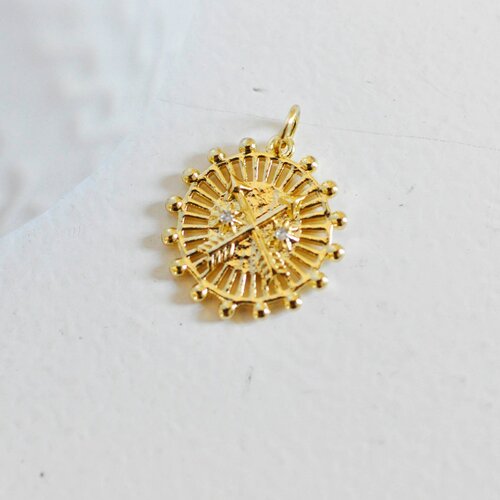 Pendentif médaille ronde flèches laiton doré 18k zircons, un pendentif doré avec cristal pour création bijoux,18.5mm,l'unité g3556