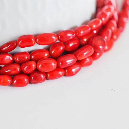 Perle ovale corail rouge, fournitures créatives, perles corail, fabrication bijoux,corail rouge,corail naturel, fil 37 perles,9-13mm-g670
