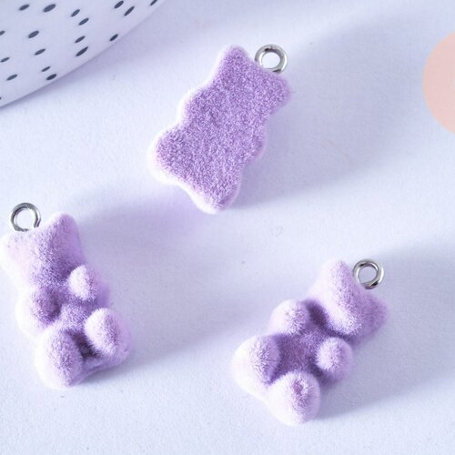 Pendentif ourson floqué velours violet résine platine, pendentif enfant, un pendentif pour la création de bijoux de l'enfance régressif,les 2, g6901