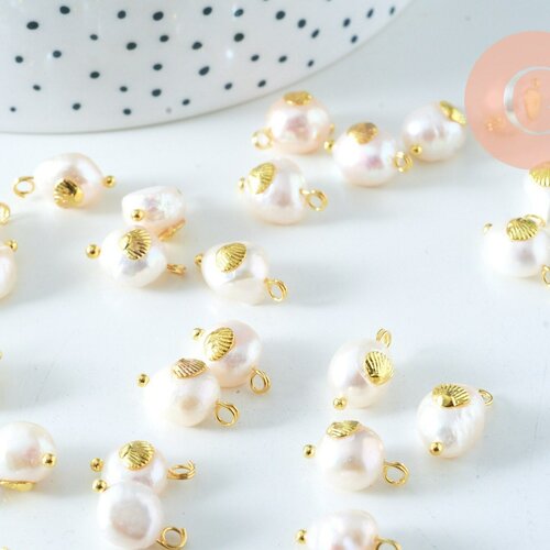 Pendentif perle naturelle keshi coquillage coque doré 13-16mm,porte bonheur,création bijou perle eau douce naturelle blanche, l'unité g6077