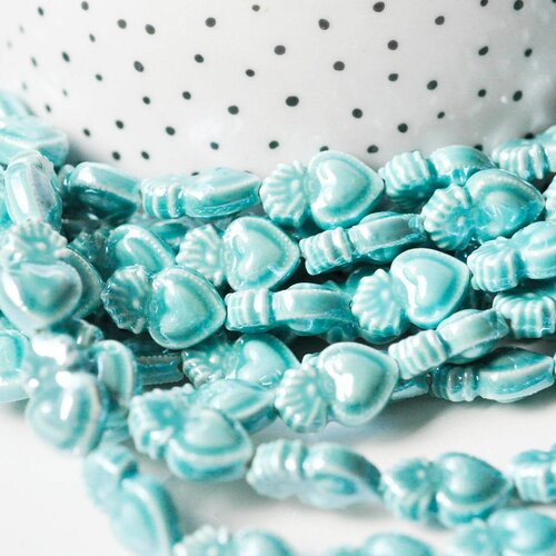 Perle porcelaine turquoise coeur irisé, fournitures créatives, perle céramique, fabrication bijoux, céramique bleu, lot de 20, 16mm g3973