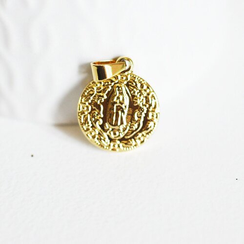 Pendentif médaille ronde vierge acier doré, pendentif doré sans nickel,acier doré, création bijoux,médaille or,22mm,g2651