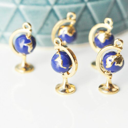 Pendentif rotatif globe terrestre monde émail bleu, pendentif en zamac dore,bijou mobile création bijoux,22mm,l'unité g4365