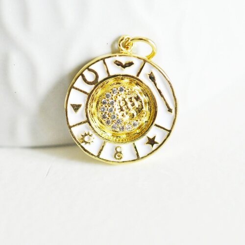 Pendentif lune doré 18k émail blanc zircon,pendentif lune doré horoscope,porte-bonheur,laiton doré,20mm,l'unité g5329