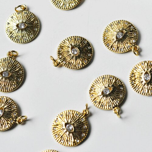 Pendentif médaille ronde oeil laiton doré 18k texturé zircon,  sans nickel pour la création bijoux médaille or,18mm, l'unité g5328