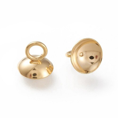 Bélière pendentif coupelles en acier doré inoxydable, bélière pour perle ou bulle verre, lot de 10 g4844