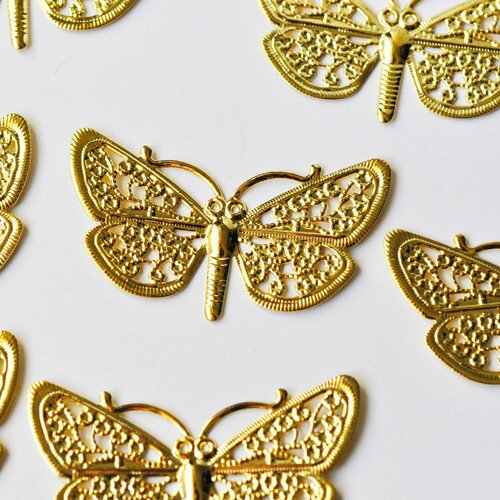Pendentif estampe filigrane papillon laiton doré, pendentif très fin et léger pour création de bijoux, 24x43mm,lot de 2 g4119