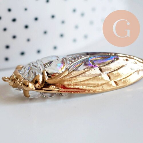 Pendentif verre doré cigale 53-55mm fer doré,pendentif insecte verre pour création bijoux,l'unité g6379