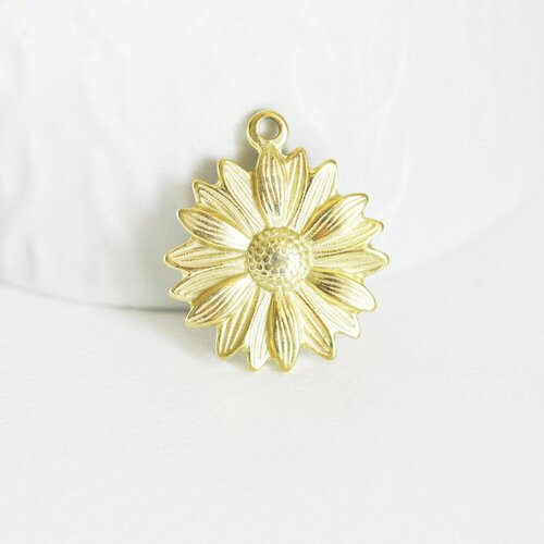Pendentif médaille ronde fleur tournesol acier doré, pendentif doré,sans nickel,acier doré, création bijoux,médaille or,25.5mm,g2921