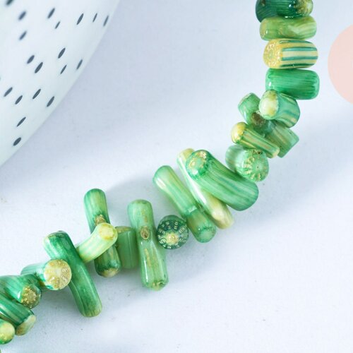 Perles bamboo de merteinté vert,perles imitationcorail,fabrication bijouxcorail naturel,perle coquillage,coquillage vert,fil 38cm-g991