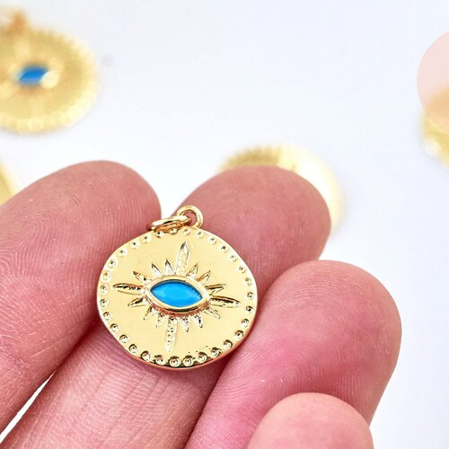 Pendentif médaille ronde oeil émail bleu laiton doré 18k et cristal zircon,pendentif laiton chance pour création bijoux,19mm,l'unité g5645