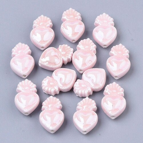 Perle porcelaine rose clair coeur irisé,, perle céramique, fabrication bijoux, céramique blanche, lot de 20, 16mm g4587