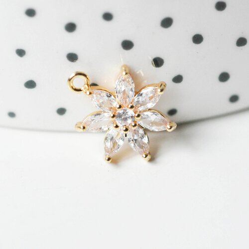 Pendentif fleur doré 24 carats zircon blanc,pendentif doré cristal, création bijoux,15mm, l'unité g4033