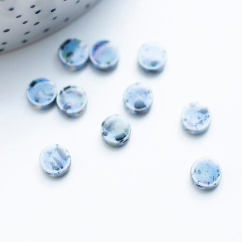 Perles porcelaine bleue clair moucheté, perle céramique, perle porcelaine,perle disque, céramique bleue,8mm,lot de 10 g4777