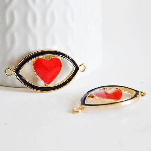 Pendentif oeil coeur doré émaillé, fournitures créatives, pendentif doré, porte-bonheur,mauvais oeil,laiton doré,4.5cm-g1965