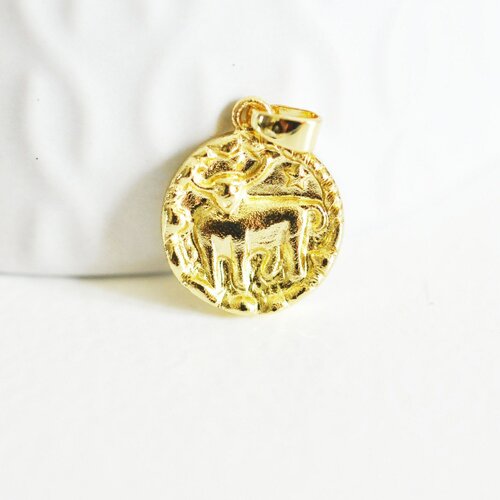 Pendentif médaille ronde taureau laiton doré 18k, un pendentif doré astrologique création bijoux,16.5mm, l'unité g4930