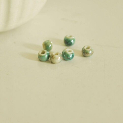 Perle porcelaine vert irisé, fournitures créatives, perle ronde,perles céramique, porcelaine émaillée, lot de 5, 7mm x 5mm-g2106