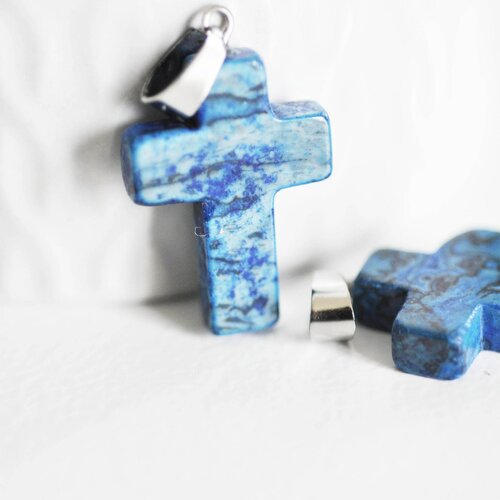 Pendentif croix agate naturelle bleu acier inoxydable 29mm,pendentif pierre, support argent, création bijoux,agate naturelle -g500