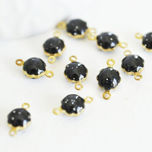 Pendentifs doré fleur émail noir paillettes pour création bijoux,9mm, lot de 10, g4304