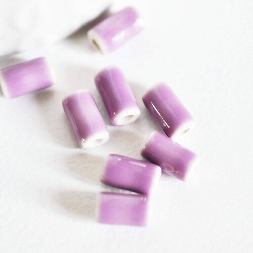 Perle porcelaine violette, fournitures créatives,perle céramique, porcelaine parme,perle tube, création bijoux,lot de 5, 10mm,g2351