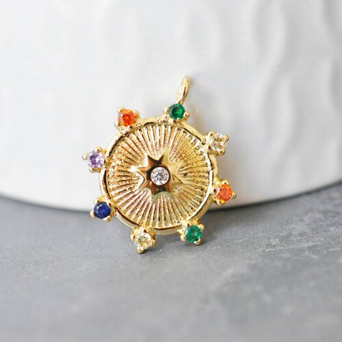 Pendentif médaille ronde étoile laiton doré zircons colorés, un pendentif doré avec cristaux pour création bijoux,24mm,l'unité,g3377