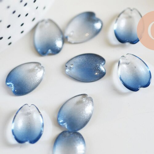 Pendentif pétale verre bleu 16mm, perles verre tchèque, perle végétal création bijoux, lot de 10 g7093