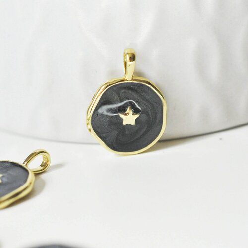 Pendentif médaille rond étoile émail noir laiton doré, pendentif laiton émaillé,sans nickel,18mm, l'unité g4369