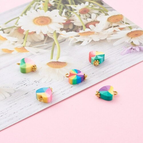 Pendentif breloque polymère coeur multicolore 13mm, des perles colorées et estivales pour créer des bijoux fantaisie diy, les 10 g5867