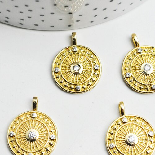 Pendentif médaille ronde soleil étoile laiton doré 18k zircons, un pendentif doré avec cristal pour création bijoux,26mm,l'unité g4673