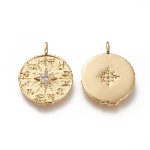 Pendentif médaille ronde boussolle étoile laiton doré 18k zircons, un pendentif doré avec cristal pour création bijoux,29.8mm,l'unité,g7043