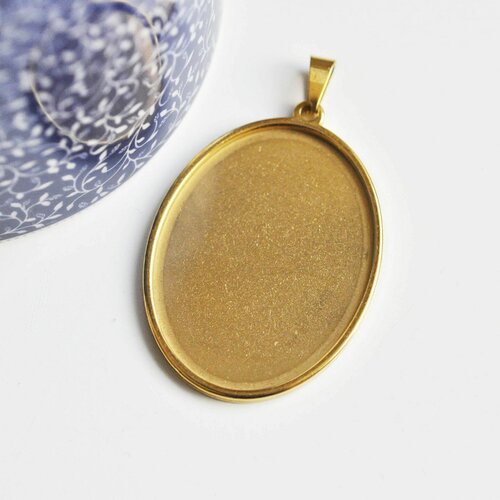Pendentif médaille support cabochon acier doré, pendentif sans nickel en acier doré pour création bijoux,45x32.5mm,g3449