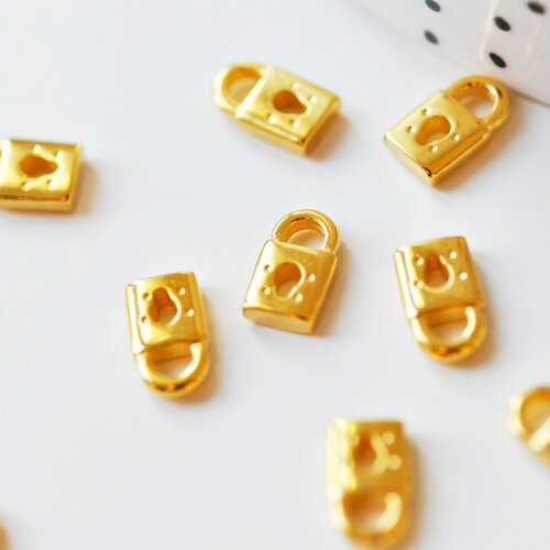 Breloque cadenas acier doré 18k,sans nickel, cadenas bijoux,création bijoux,pendentif amour, pendentif acier inoxydable,10mm, l'unité g4841
