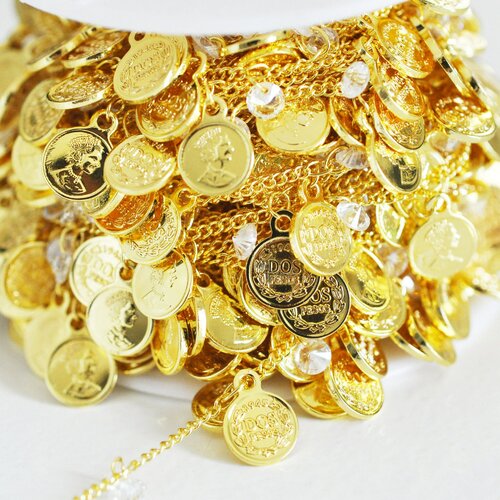 Chaine dorée 18 carats pièces de monnaie zircon, fournitures créatives, chaine doree fantaisie pour création bijoux, 1 metre,1.5mm,g3176