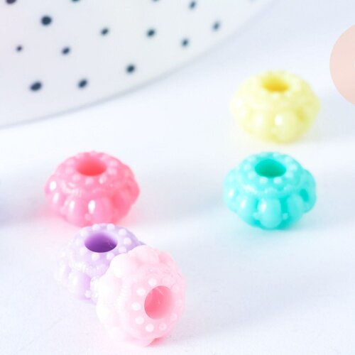 Perle rondelle fleur plastique opaque multicolore 12mm , perle plastique coloré, couleurs mélangées,lot de 50 perles g6398