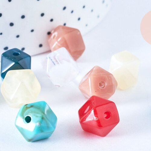 Perle hexagone imitation gemme plastique multicolore 11.5mm, perle plastique coloré, couleurs mélangées,lot de 10 perles g6402