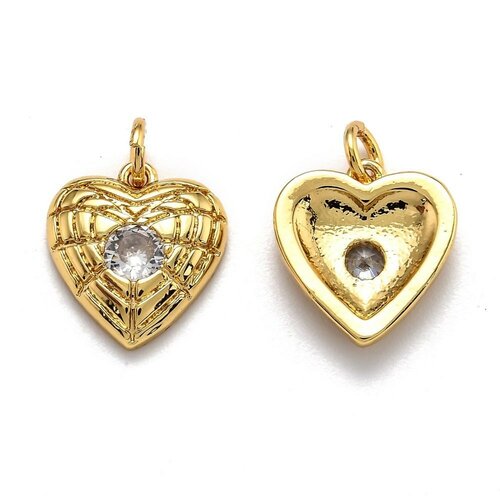 Pendentif médaille coeur laiton doré 18k et cristal zircon,pendentif laiton amour pour création bijoux,13mm,l'unité g6078
