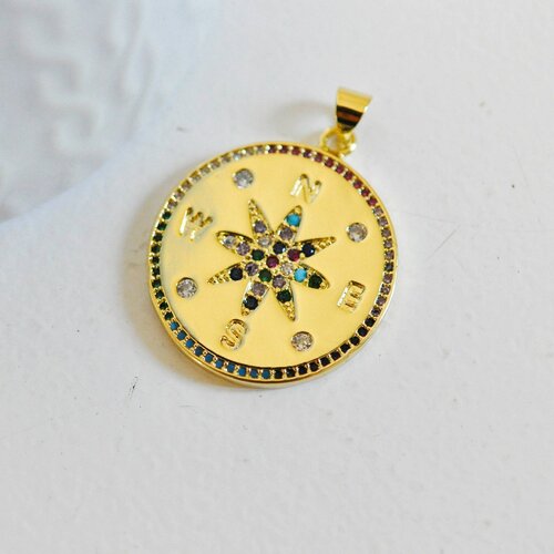 Pendentif médaille ronde boussole  étoile laiton doré 18k zircons, un pendentif doré avec cristal pour création bijoux,25.5mm,l'unité g3554