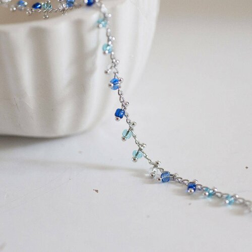 Chaine platine perles bleue plaquee rhodium, chaine perles,2 mm, 1 metre-g1396