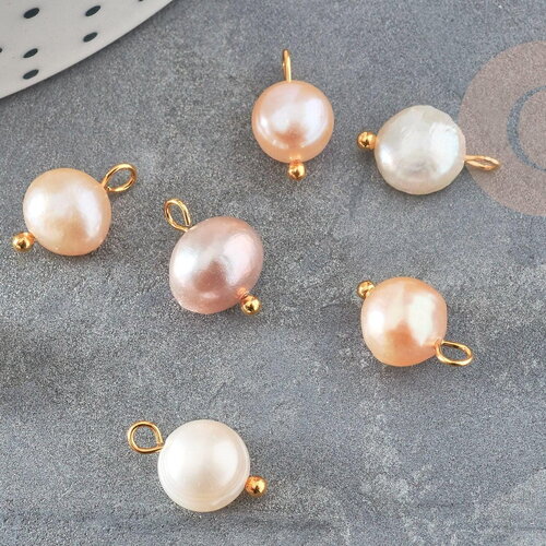 Breloque perle d'eau douce naturelle rose pêche laiton doré 10-12mm, création de bijoux en perle naturelle, x1 g9327