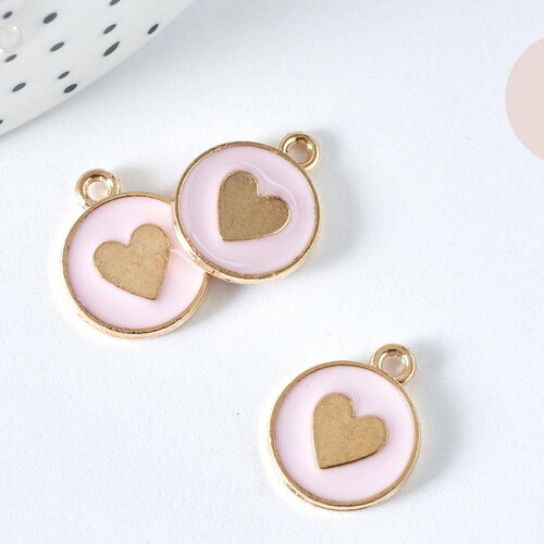 Pendentif médaille rond cœur émail rose clair zamac doré, création bijou amour, x1 (g7423)