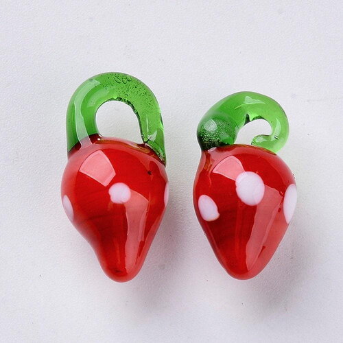 Pendentif fraise fruit rouge verre tchèque 19-21mm, x5 (g4235)