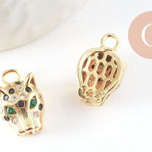 Pendentif léopard laiton doré 18k zircons multicolore 16mm, x1 (g4458)
