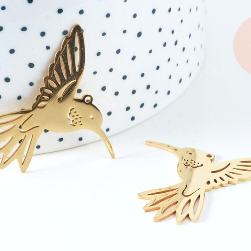 Pendentif acier doré 18k oiseau colibri 39.5mm, x1 (g6335)