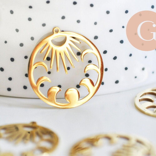 Pendentif rond lune et soleil acier 304 inoxydable doré 30mm, x1 (g6165)