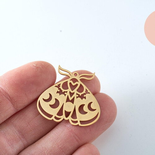 Pendentif papillon lunes acier doré 30mm, x1 (g6023)