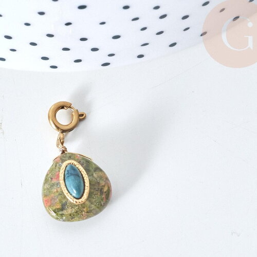 Pendentif goutte amulette unakite naturelle acier inoxydable doré 21mm, pendentif pierre naturelle, x1 g7630