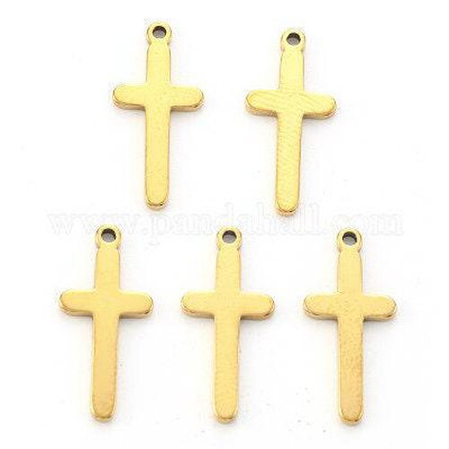 Pendentif croix acier doré inoxydable 19mm, un bijou en acier hypoallergénique sans libération de nickel,x 5 g6060
