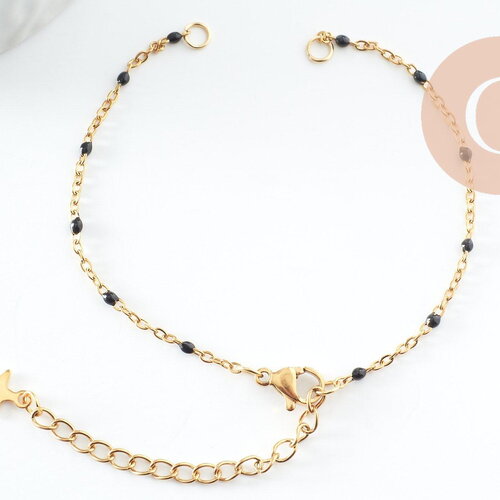Base de bracelet réglable chaine satellite acier 304 doré inoxydable résine noire 16.5cm, x1 (g9594)