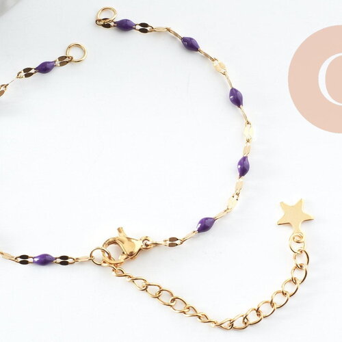 Base de bracelet réglable chaine acier 304 doré inoxydable résine violette 16.2cm, x1 (g9593)